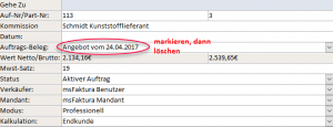 Löschen des Auftrag-Beleges