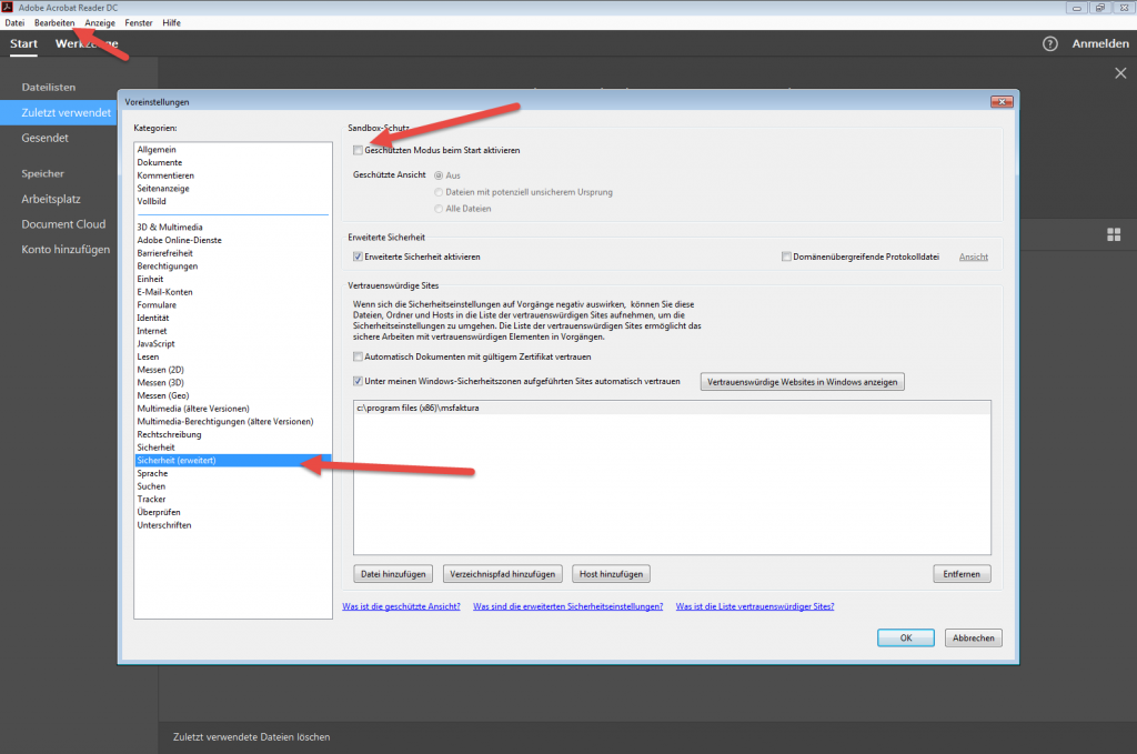 Vorschau bleibt hängen, Problem mit dem Adobe-Reader DC msFaktura-Hilfe-2