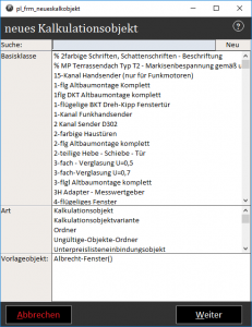 neues kalkulationsobjekt