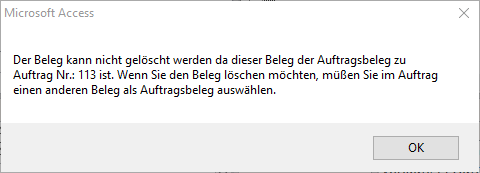 Fehlermeldung beim Versuch einen Beleg zu löschen