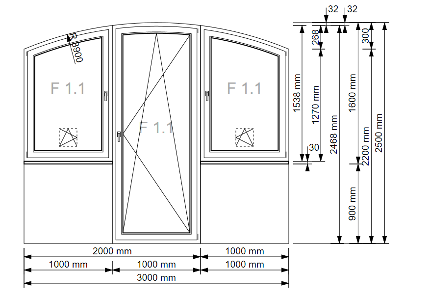 Fensteranlage gekoppelt als Schmetterlingsfenster mit Segmentbogen