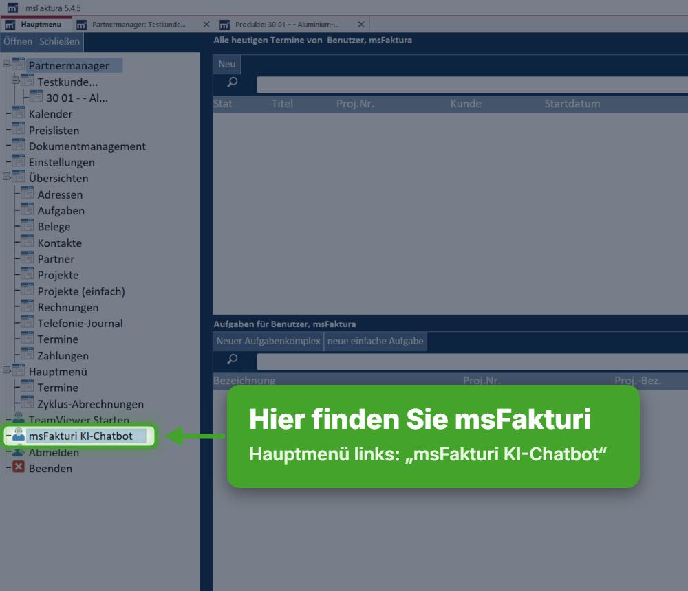 msFaktura Hauptmenü mit markiertem Menüpunkt msFakturi KI-Chatbot