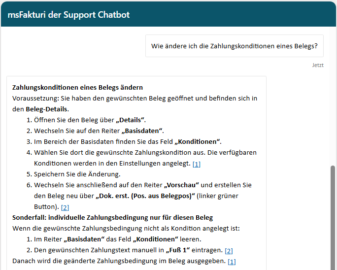 msFakturi beantwortet die Frage, wie man die Zahlungskonditionen eines Belegs ändert